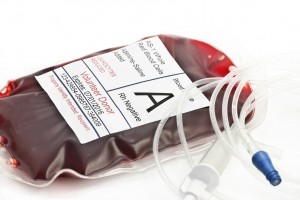 Blood transfusion bag with IV tubing. Label is completely fictitious and the serial number is a total random number for authenticity.